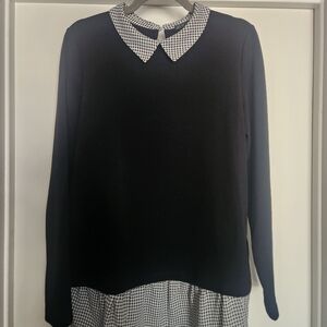 Adrianna Papell Black Sweater with Houndstooth Collar and Hem